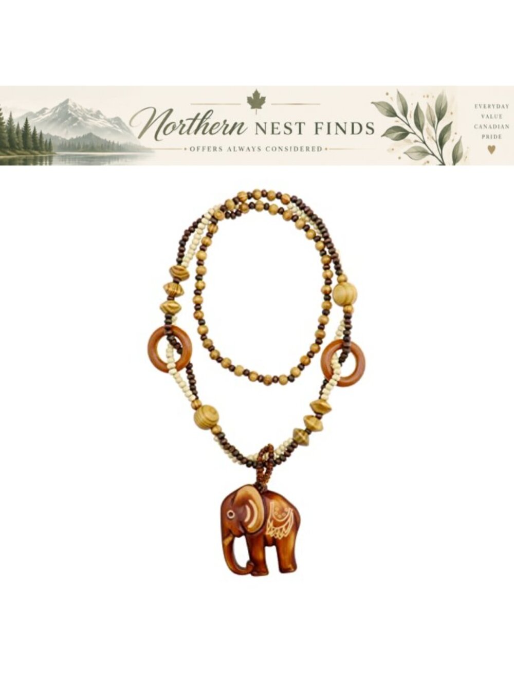 Vintage Wood Elephant Pendant Necklace Long Wooden Bead Sweater Chain Women